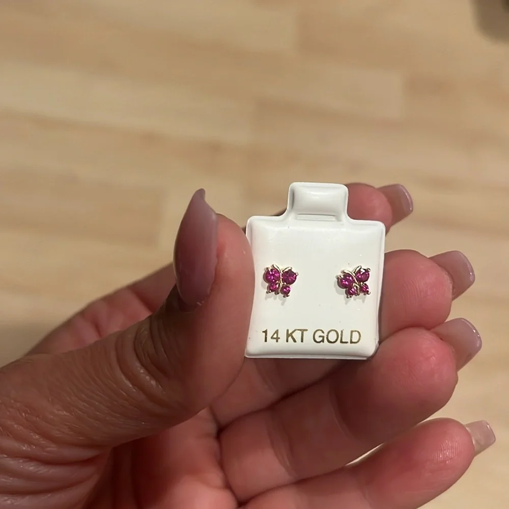 New 14k solid yellow Gold Butterfly Pink CZ Earrings